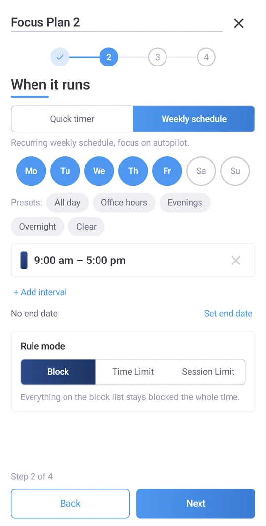 When it runs on Android: a weekly schedule, Monday to Friday, 9:00 am to 5:00 pm.