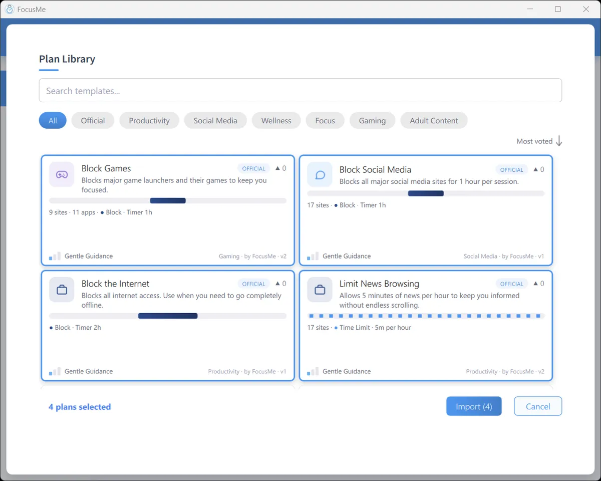 FocusMe Plan Library with ready-made plans by category