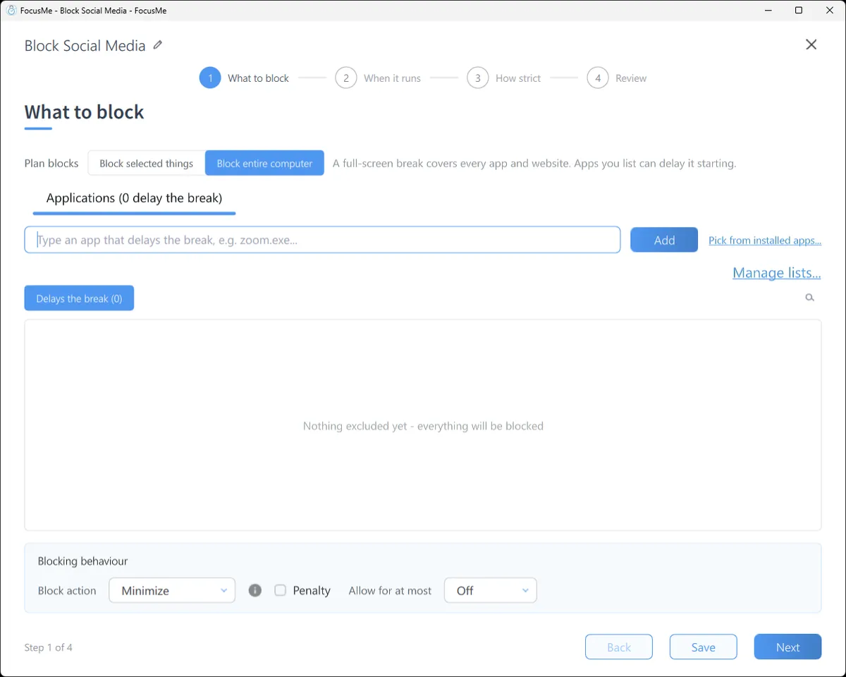 FocusMe plan wizard, What to block, with Plan blocks set to Block entire computer