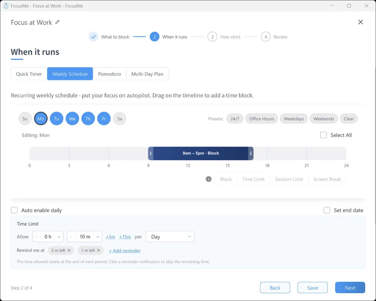 FocusMe plan wizard, When it runs, a weekly schedule blocking 9am to 5pm on weekdays