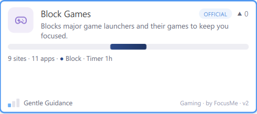 План Block Games из библиотеки планов FocusMe блокирует основные игровые лаунчеры и их игры.