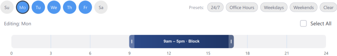 The weekly schedule: a 9am to 5pm block drawn on the timeline for Monday.