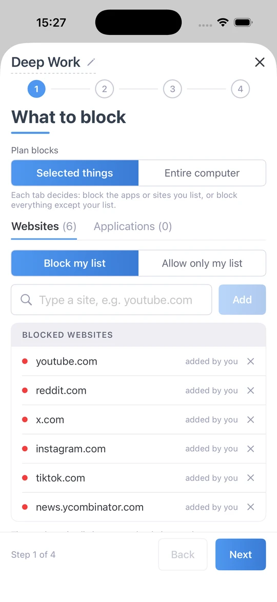 What to block on iPhone: a plan blocking youtube.com, reddit.com, x.com, instagram.com, tiktok.com and news.ycombinator.com.