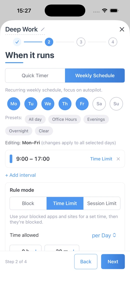 When it runs on iPhone: a weekly schedule, Monday to Friday, 9:00 to 17:00, with a daily time limit.