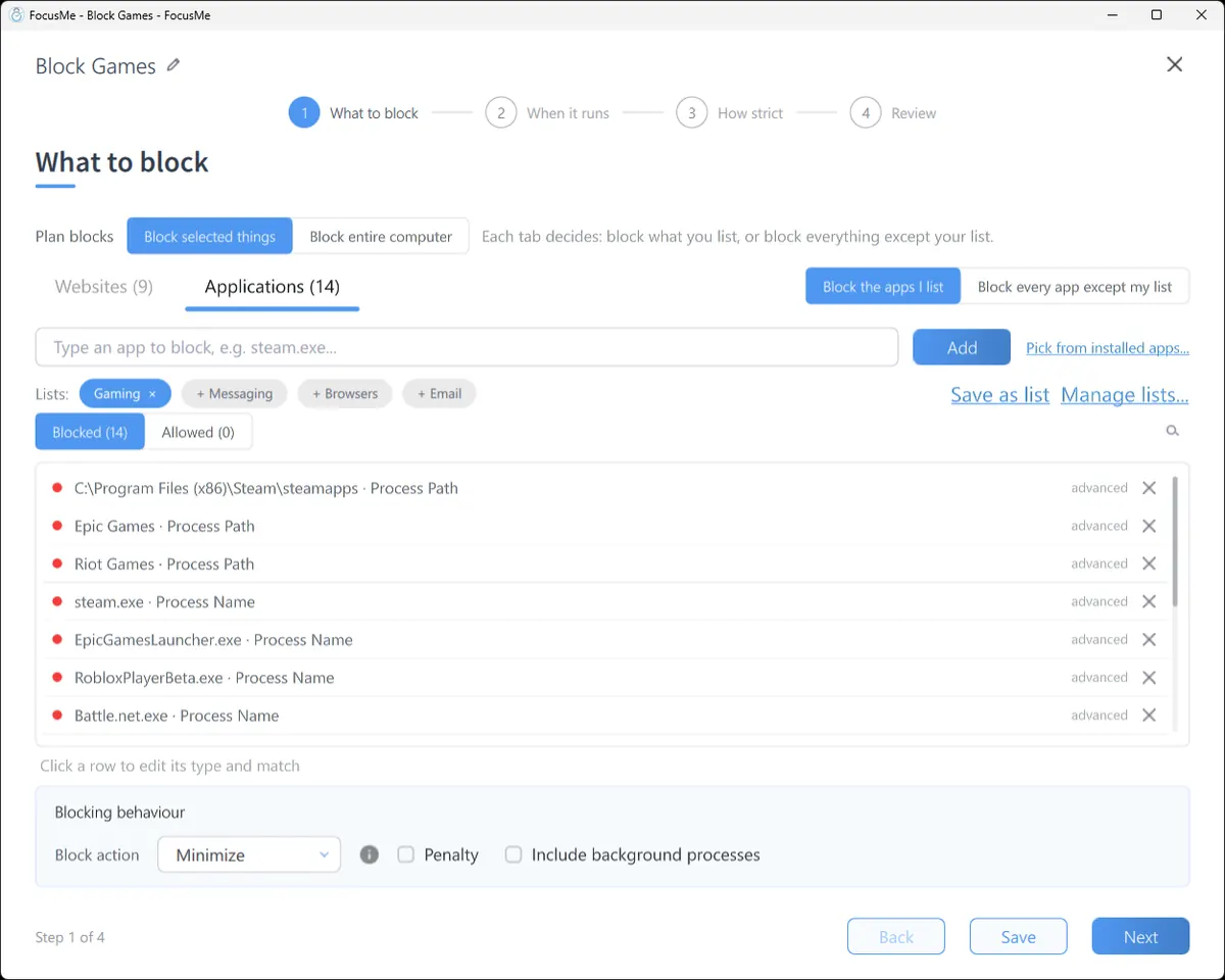 O que bloquear: uma lista de jogos com Steam, Epic Games, Riot e Roblox.