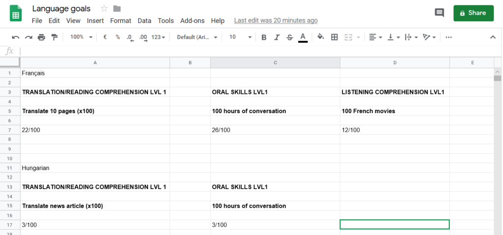 language learning goals google sheets progress tracker