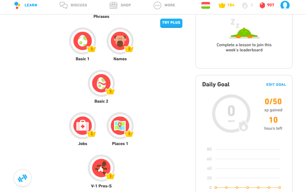 duolingo language learning dashboard daily goal lessons