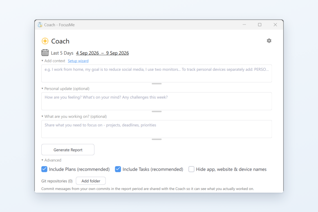 The FocusMe AI Coach screen