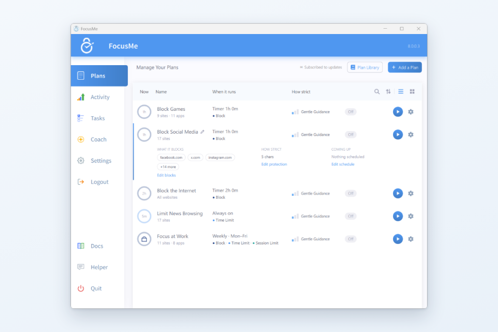 The FocusMe app showing a list of blocking plans