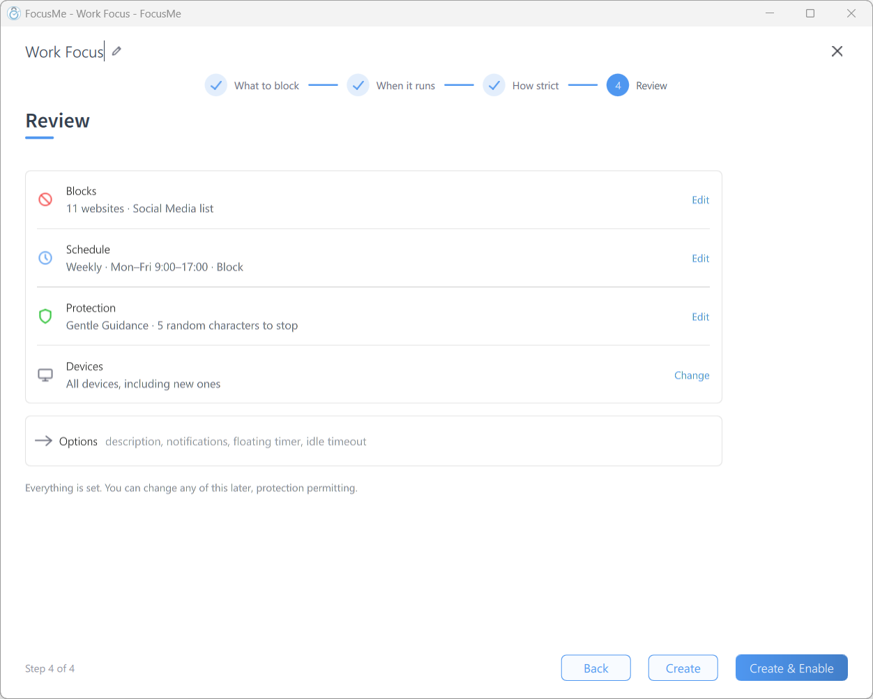 The review step, with the Create and Enable button